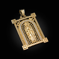 Yellow Gold Filigree Guadalupe Sacred Heart of Jesus Diamond Pendant
