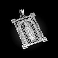 White Gold Filigree Guadalupe Sacred Heart of Jesus Diamond Pendant