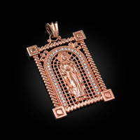 Rose Gold Filigree Guadalupe Sacred Heart of Jesus CZ Iced Pendant