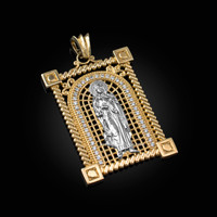 Two-Tone Yellow Gold Filigree Guadalupe Sacred Heart of Jesus CZ Iced Pendant