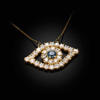 14K Yellow Gold Diamond Studded Evil Eye Blue Sapphire Necklace