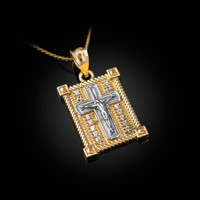 Two-Tone Yellow And White Gold Diamond Boxed Cross Pendant Necklace