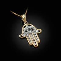 Yellow Gold Hamsa Evil Eye Clear Iced CZ Pendant Necklace