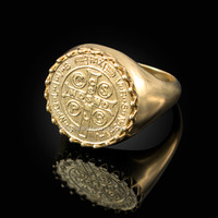 Solid Yellow Gold Saint Benedict Medal Mens Ring