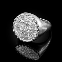 Solid White Gold Saint Benedict Medal Mens Ring