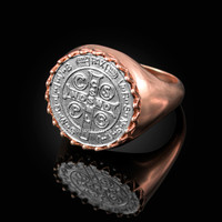 Solid Two-Tone Rose Gold Saint Benedict White Medal Mens Ring