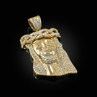 Yellow Gold Iced-Out CZ Jesus Head Pendant Necklace