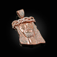 Rose Gold Iced-Out CZ Jesus Head Pendant Necklace