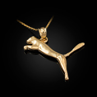 Solid Gold Jumping Puma Cat Pendant Necklace