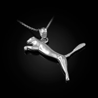 Solid White Gold Jumping Puma Cat Pendant Necklace