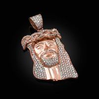 Rose Gold Diamond Iced-Out Jesus Face Medium Pendant