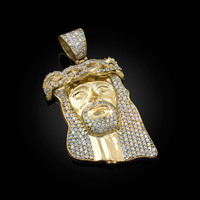 Yellow Gold CZ Iced-Out Jesus Face Medium Pendant