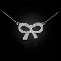 14K Polished White Gold Diamond Bow Necklace