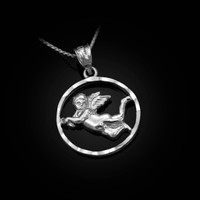 White Gold Flying Angel Round DC Pendant Necklace