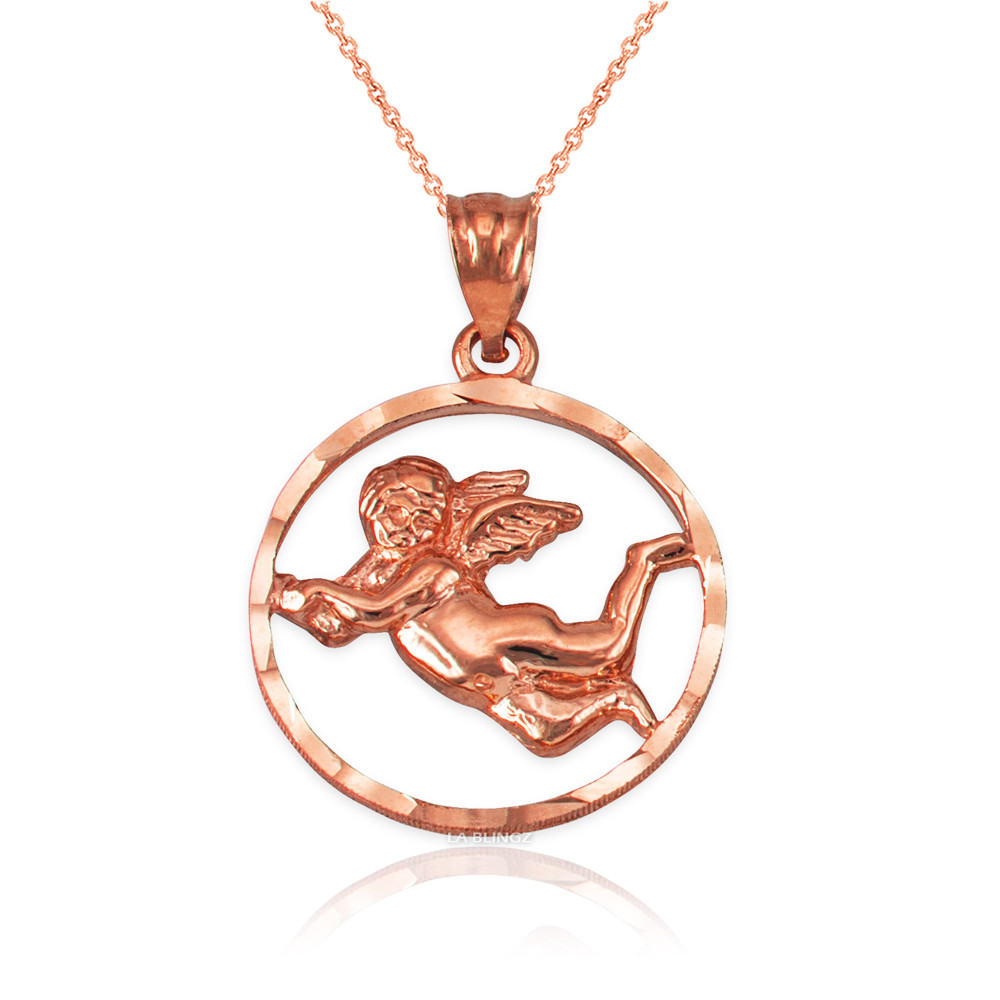 Rose Gold Flying Angel Round DC Pendant Necklace