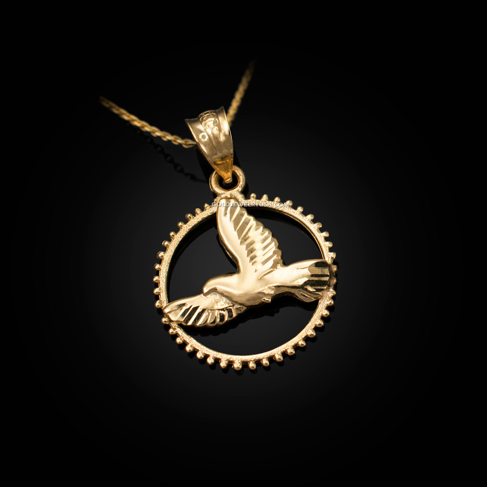 Brand New 14K Yellow Gold Polish Eagle Symbols in Circle Charm Pendant