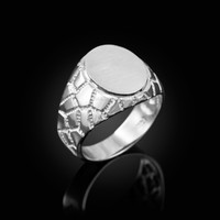 White Gold Oval Signet Mens Nugget Band  Ring