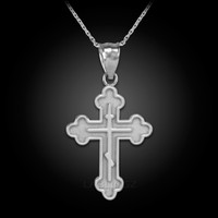 White Gold Russian Eastern Orthodox Cross Charm Pendant Necklace