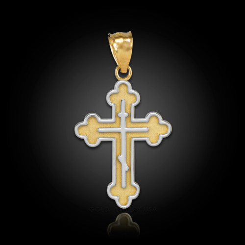 Two tone gold russian orthodox cross pendant