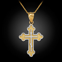 Two-Tone Gold Eastern Orthodox Cross Charm Pendant Necklace