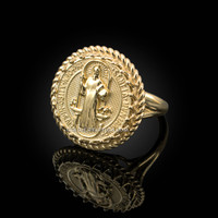Yellow Gold Saint Benedict Medal Womens Ring