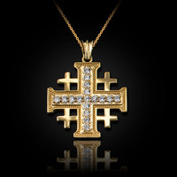 Yellow Gold Diamond Jerusalem Cross Pendant Necklace