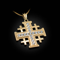 Yellow Gold CZ Jerusalem Cross Pendant Necklace