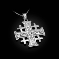 White Gold CZ Jerusalem Cross Pendant Necklace