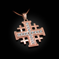 Rose Gold CZ Jerusalem Cross Pendant Necklace