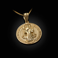 Solid Gold St. Benedict Reversible Medallion Charm Necklace