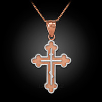 Two-Tone Rose Gold Eastern Orthodox Cross Charm Pendant Necklace