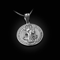 Solid White Gold St. Benedict Reversible Medallion Charm Necklace