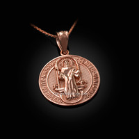 Solid Rose Gold St. Benedict Reversible Medallion Charm Necklace