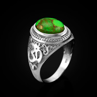 White Gold Om (aum) Oval Green Copper Turquoise Ring