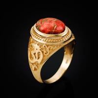 Yellow Gold Om (aum) Oval Orange Copper Turquoise Ring
