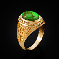 Yellow Gold Egyptian Ankh Cross Green Copper Turquoise Ring