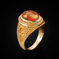 Yellow Gold Egyptian Ankh Cross Orange Copper Turquoise Ring