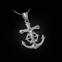 White Gold Mariner Crucifix Cross Pendant Necklace