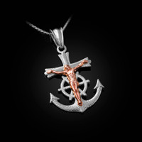 Two-Tone White and Rose Gold Mariner Crucifix Cross Pendant Necklace