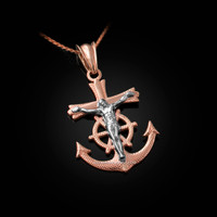 Two-Tone Rose and White Gold Mariner Crucifix Cross Pendant Necklace