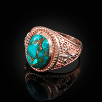 Two-Tone Rose Gold Blue Copper Turquoise Fleur-De-Lis Gemstone Ring