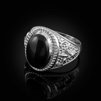 White Gold Black Onyx Fleur-De-Lis Gemstone Ring