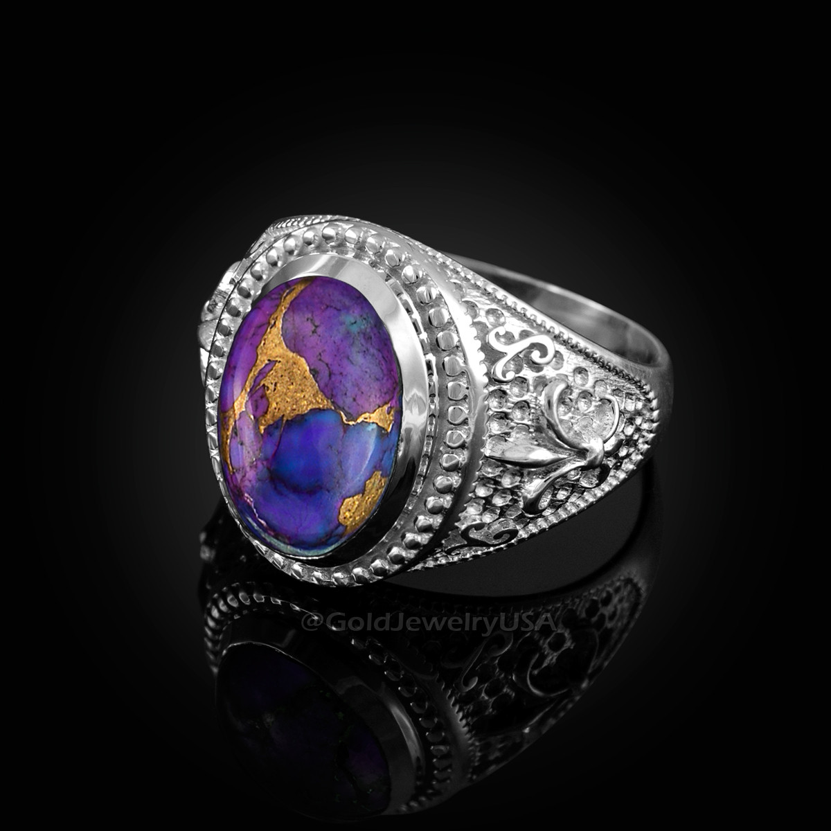 White Gold Purple Copper Turquoise Fleur De Lis Gemstone Ring