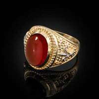 Two-Tone Yellow Gold Red Onyx Fleur-De-Lis Gemstone Ring