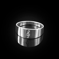 Polished White Gold Treble Clef Music Note Ring Band