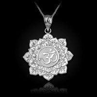 White Gold Om Lotus Mandala Pendant Necklace