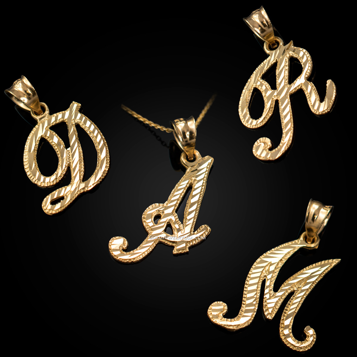 Yellow Gold Sparkle Cut Letter Initial Script Pendant Necklace