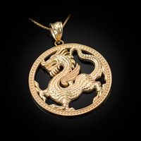 Yellow Gold Chinese Dragon Open Medallion Pendant Necklace