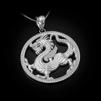 White Gold Chinese Dragon Open Medallion Pendant Necklace