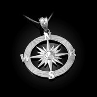 White Gold Compass Pendant Necklace